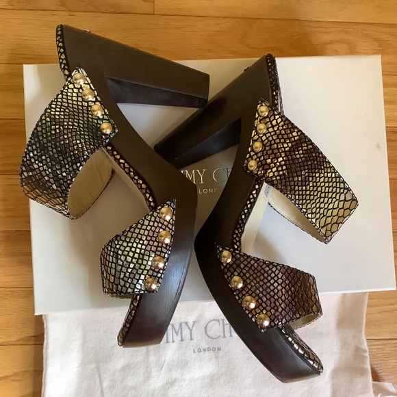 JIMMY CHOO ULRIKA Metallic Leather Studded Wooden Heel Slide Sandals SZ 40.5/9.5 - Picture 8 of 16